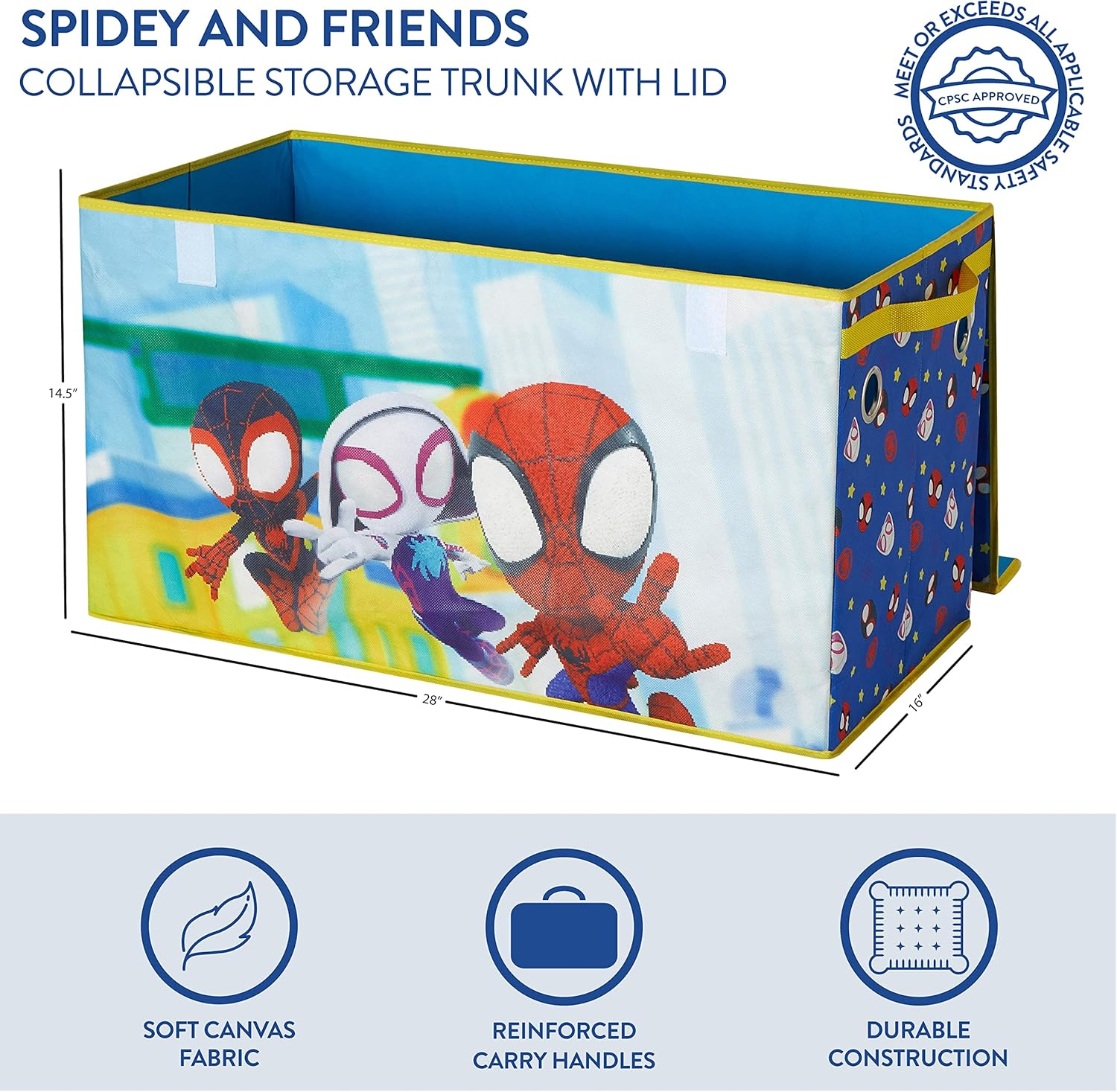 Idea Nuova Marvel Spidey and His Amazing Friends Collapsible Children&rsquo;S Toy Storage Trunk, Durable with Soft Lid, 28.5"X14.5"X16" image number 3