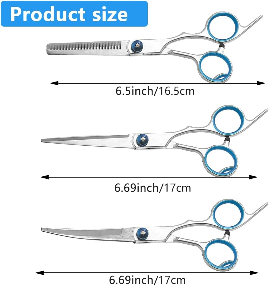 Dog Grooming Scissors Set with Safety round Tip, 3Pcs Dog Grooming Scissor and 1 Dog Grooming Comb, Pet Grooming Scissor for Dogs, Cats and Other Animals(Color:Blue+Silver) image number 3