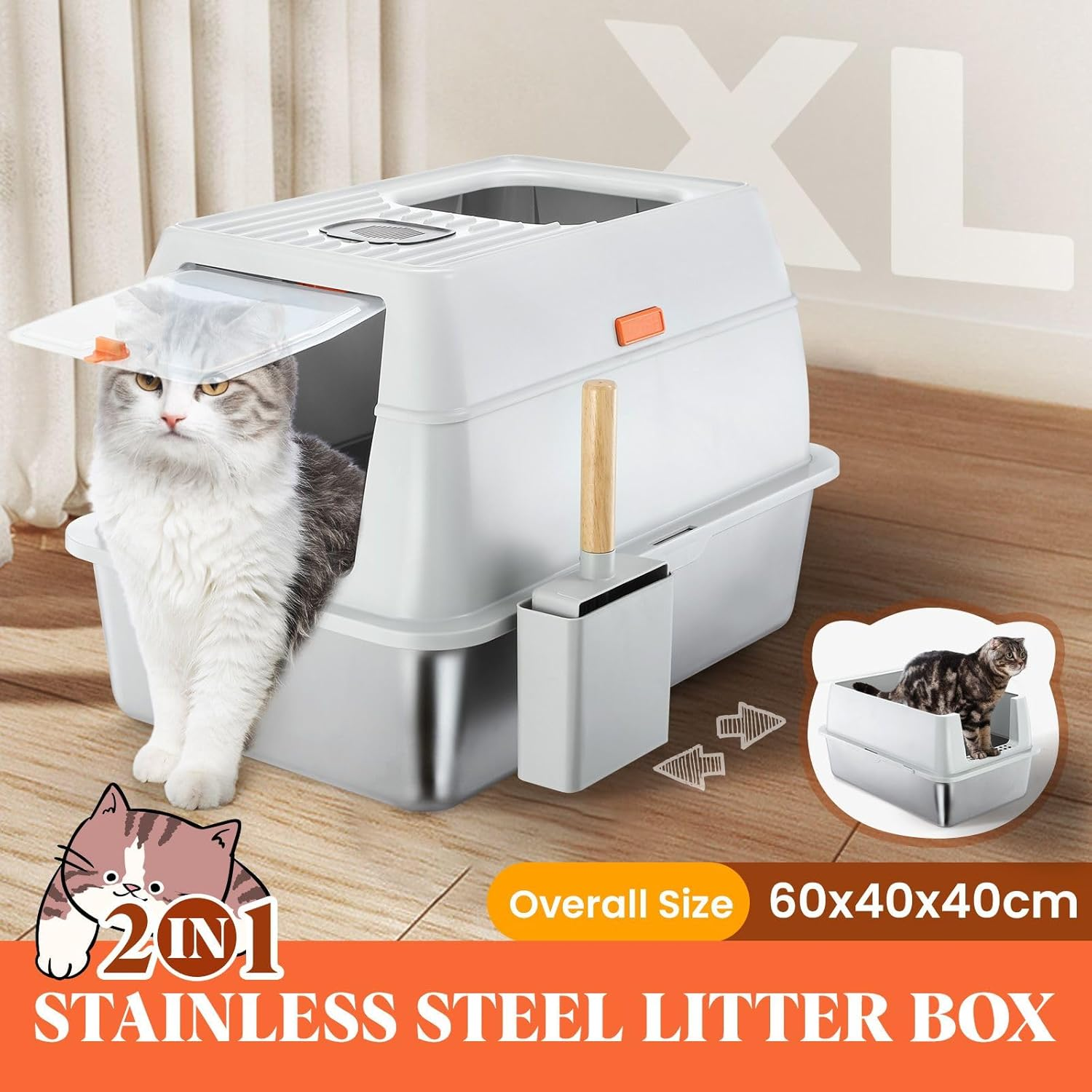 Pet Scene 2In1 Cat Litter Box Cat Enclosed Potty Pan Semi Covered Toilet Modular Tray High Sided Furniture, with ABS Lid Carbon Filters image number 6