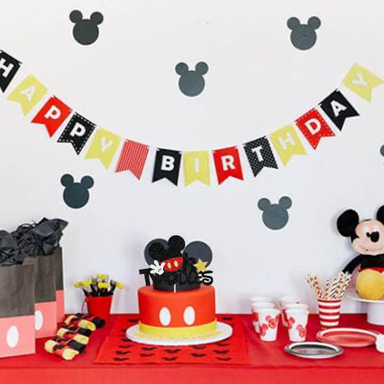 1 Pack Mouse Oh Twodles Birthday Cake Toppers - Glitter White Gloves Star Mouse Inspired Second Cake Pick for Baby Shower Kids Party Decorations Supplies Red (#4) image number 4