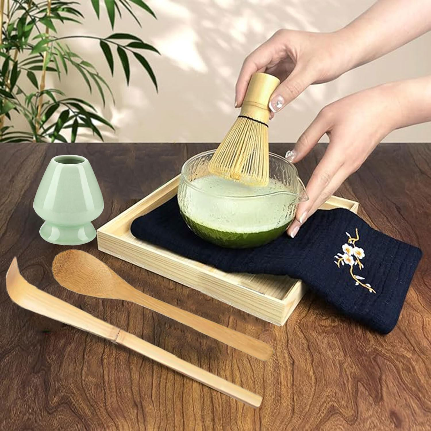 Matcha Tea Whisk Set, Traditional Handcrafted Bamboo Matcha Whisk Kit, Ceramic Whisk Holder, Scoop, Spoon, Natural Bamboo Tea Steeper Matcha Tools, Stirring Tea Drinking Experience Ceremony image number 2