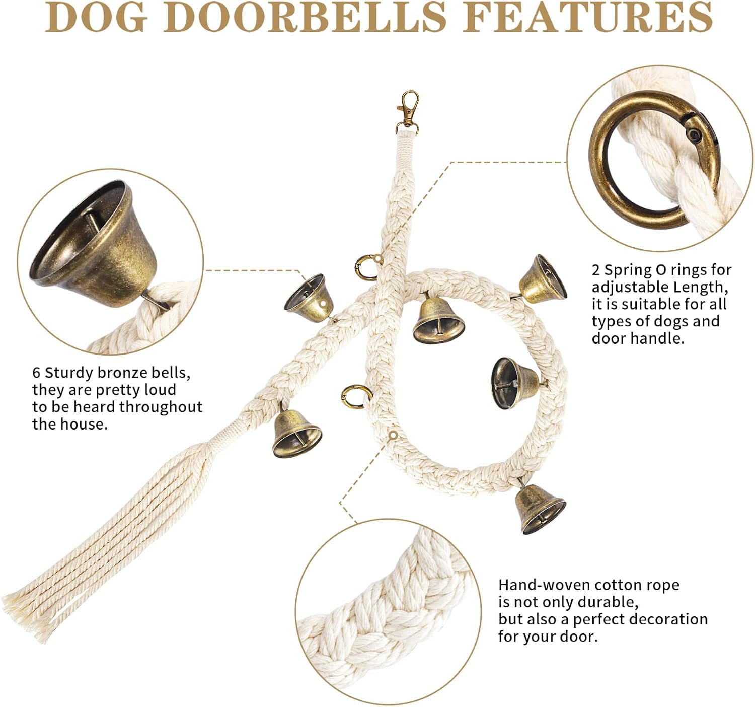 KLOGTSIND Dog Bell for Door Potty Training, Cotton Handwoven Dog Doorbell with 6 Extra Loud Bells for Dog Training, Adjustable Hanging Door Bell for Small Medium Large Dogs to Ring to Go Outside - Gold; 2 Pack image number 2