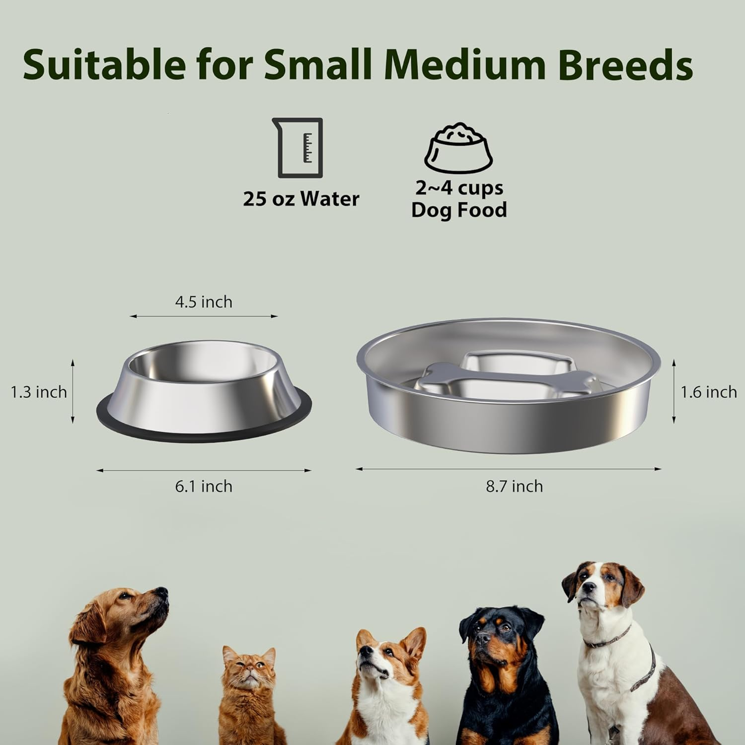 Slow Feeder Dog Bowls Kit Stainless Steel Non-Slip Dog Food Bowl for Small Medium Large Breeds 2~4 Cups Dog Slow Feeder Bowl for Fast Eaters Slows down Eating Dog Food Bowl&Dog Water Bowls 2Packs