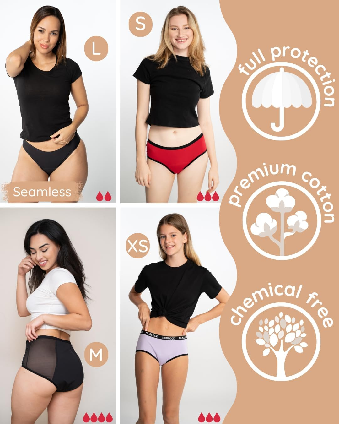 Noblood Period Underwear = 2-3 Tampons - Washable - Cotton - Ecological - Menstruation - Underwear for the Period - Period Briefs - Absorbent - Girls Women - XXS / 3XL image number 4