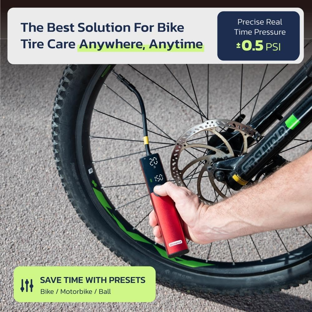 Woowind BP188 Bike Pump Electric Bicycle Pump, Portable Tyre Inflator Air Pump for Car Tyres, Auto Shut-Off Tyre Pump with Presta, Schrader Valve, 120~150PSI and Rechargeable(Red) image number 2