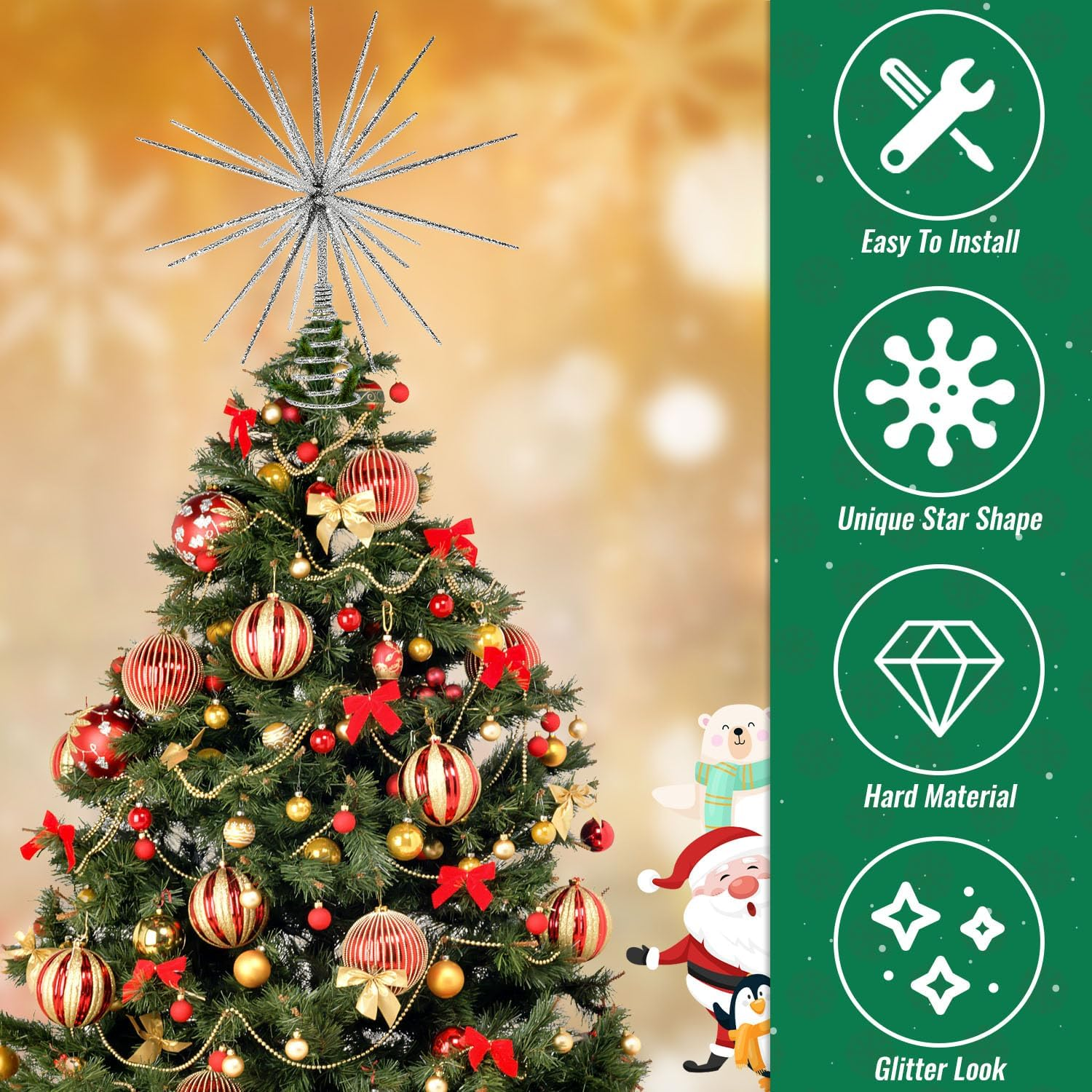 13.7 Inch Silver Christmas Tree Topper - 3D Burst Silver Tree Topper, Exploding Star Christmas Tree Decorations - Black image number 5