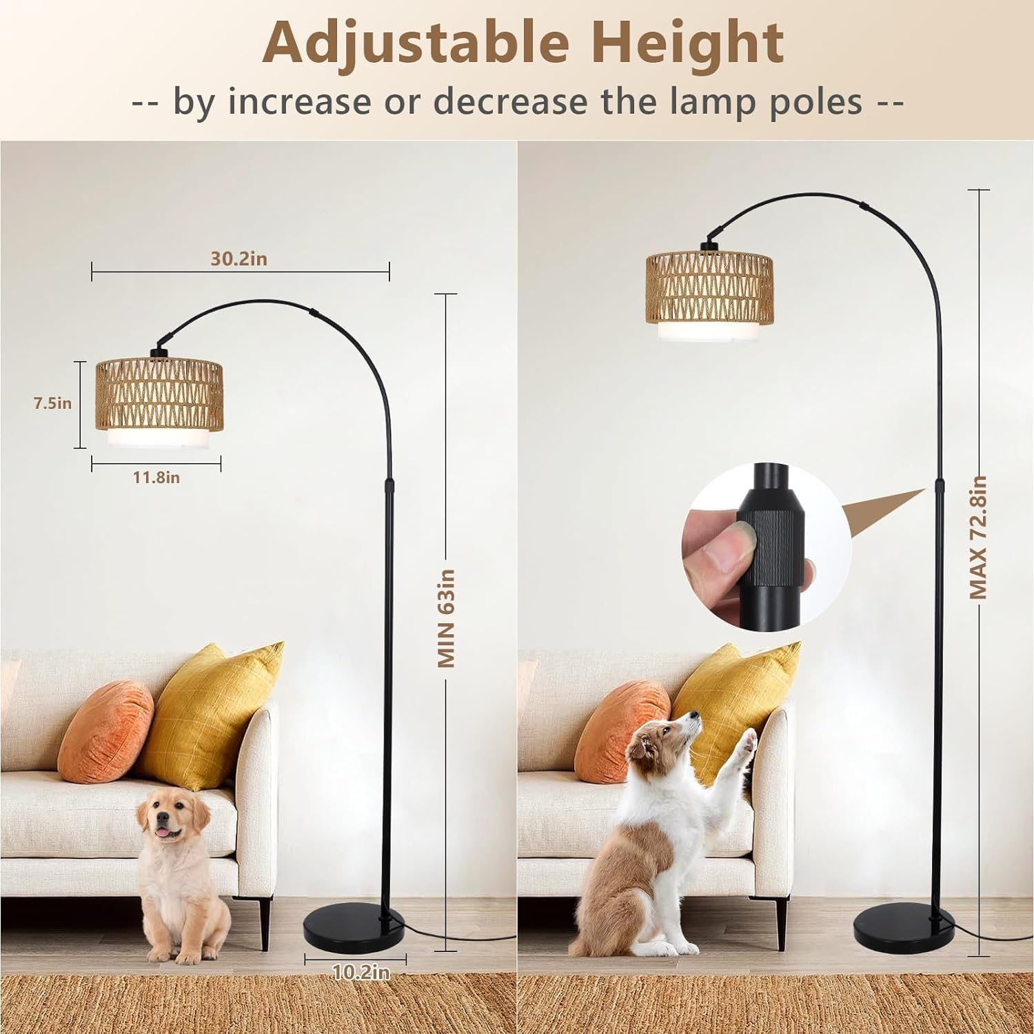 Arc Floor Lamp with Remote, Modern LED Floor Lamp with Dimmable Bulb, Boho Farmhouse Standing Lamp with Fabric & Rattan Lampshades, Height Adjustable Black Tall Lamp for Living Room Bedroom image number 1