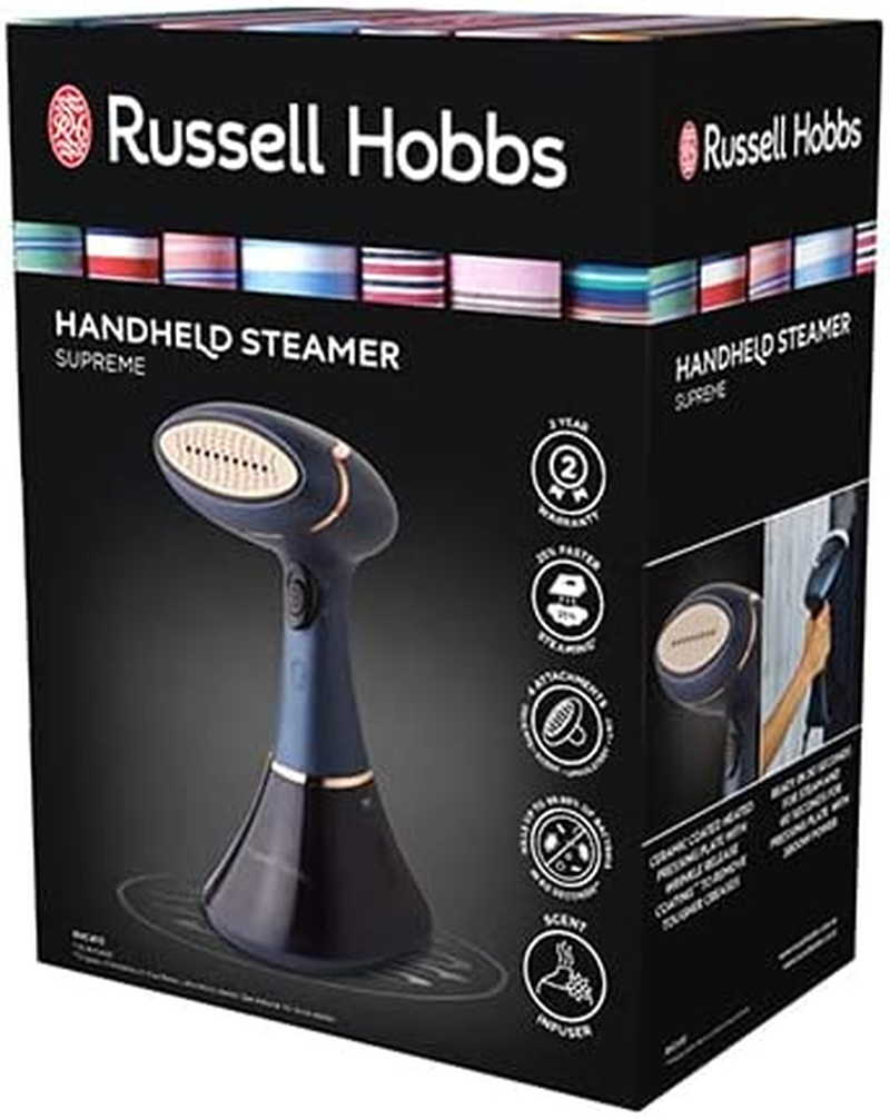 Russell Hobbs Handheld Supreme Garment Steamer, RHC410, 200Ml Water Tank, Scent Infuser, Rapid Heat-Up, Navy and Champagne