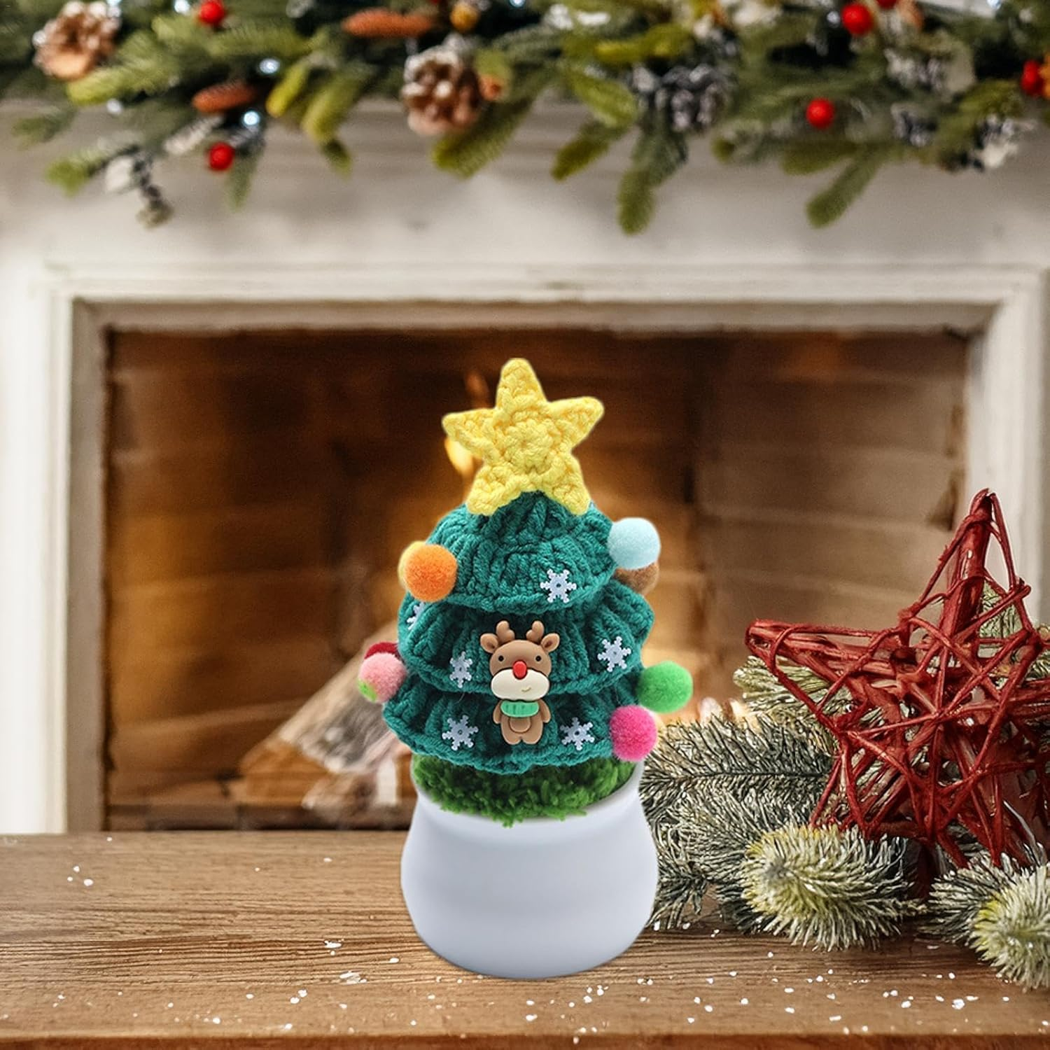 Christmas Tree Table Decor | Knitted Potted Tree Table Decoration with Deer | Winter Decoration, Art Craft for Holiday Home Tabletop Decor image number 5