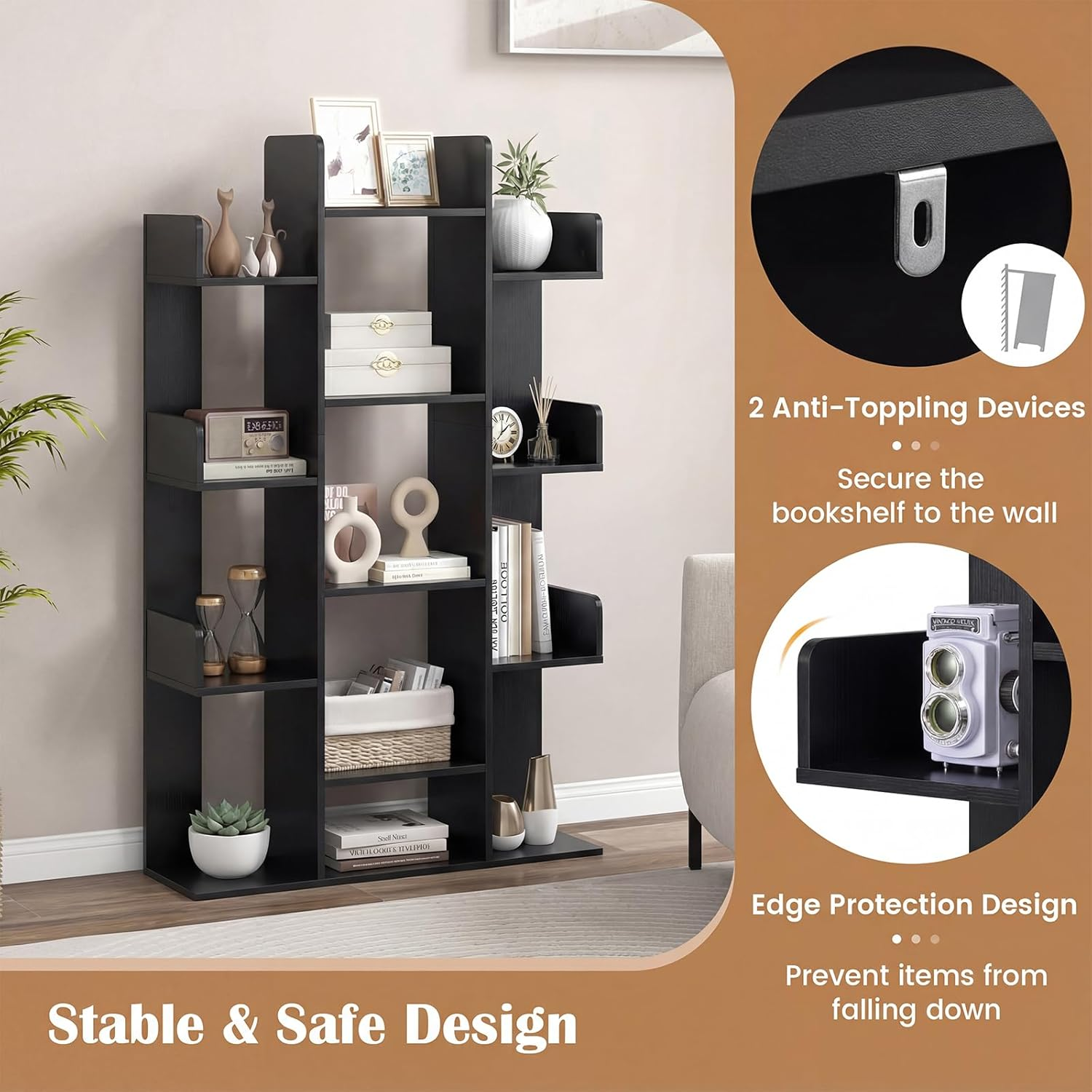 Giantex Tree Bookshelf, 141 Cm Tall Bookcase with 13 Open Shelves, Corner Books Storage Organizer, Freestanding Decorative Display Cube Shelf for Living Room, Study or Office - White image number 7