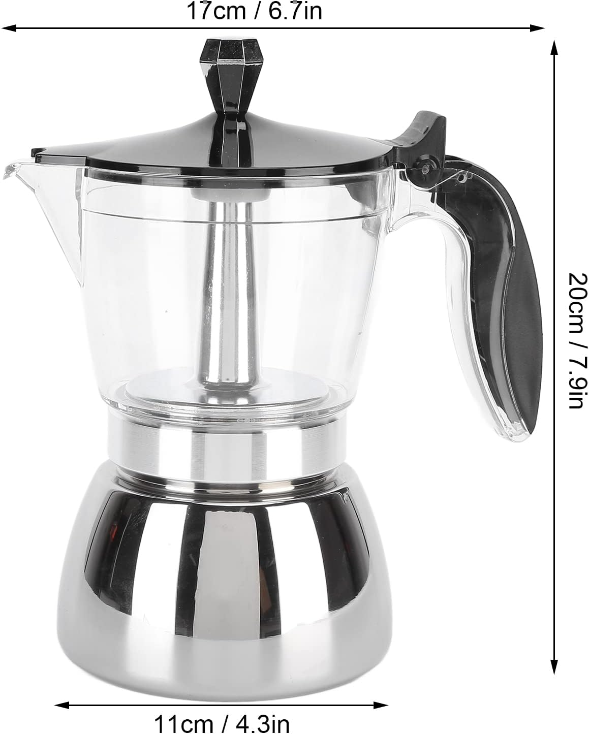 6 Cups Stainless Steel Coffee Pot,Moka Pot Premium Crystal Glass Top Stovetop Moka Pot,Italian Octagonal Household Moka Pot