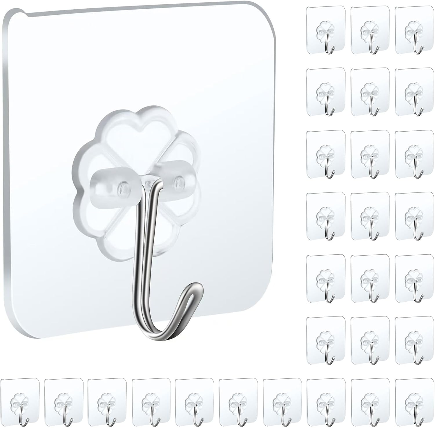 30 Packs Wall Hooks for Hanging Heavy Duty 22Lb(Max), Waterproof Transparent Self Adhesive Hooks Wall Hangers Sticky Hooks for Door Bathroom Shower Kitchen Outdoor Utility Hooks Hanger image number 5