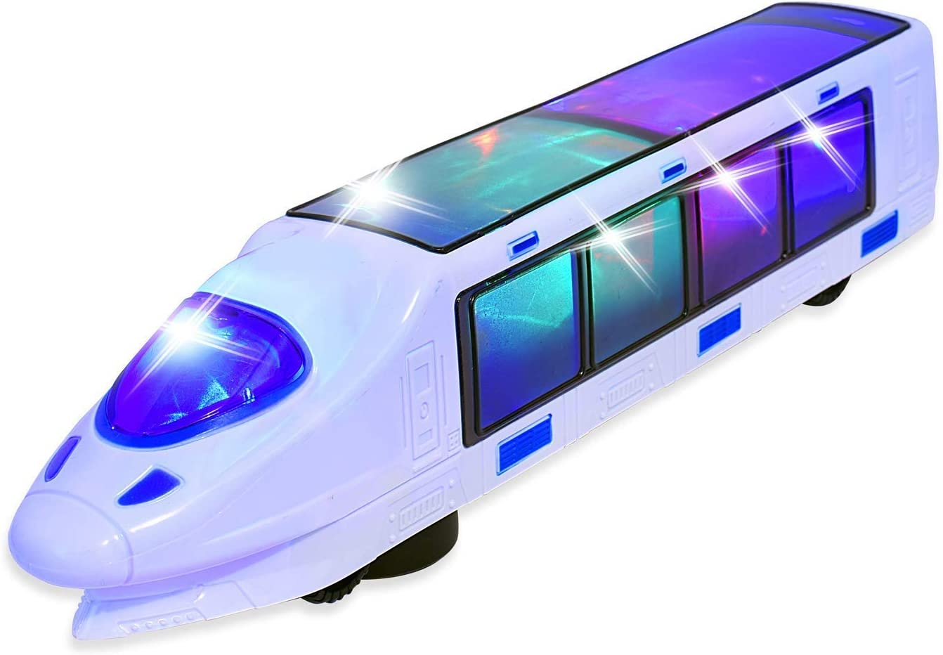 Weofferwhatyouwant Bullet Train - Monorail Electric Toy Train - Beautiful 3D Lightning - Battery Powered with Music - Bumps & Changes Directions on Contact - Fun Addition to Kids Playtime image number 1