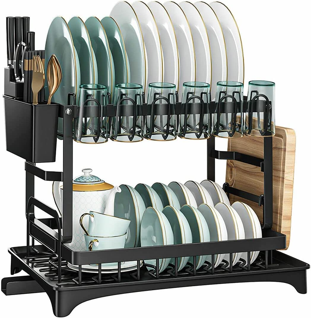 2 Tier Dish Drainer Auto Drainage Dish Drying Rack Kitchen Counter Organizer Rustproof Cutlery Holder Storage for Utensil Chopping Board Cup Black image number 6