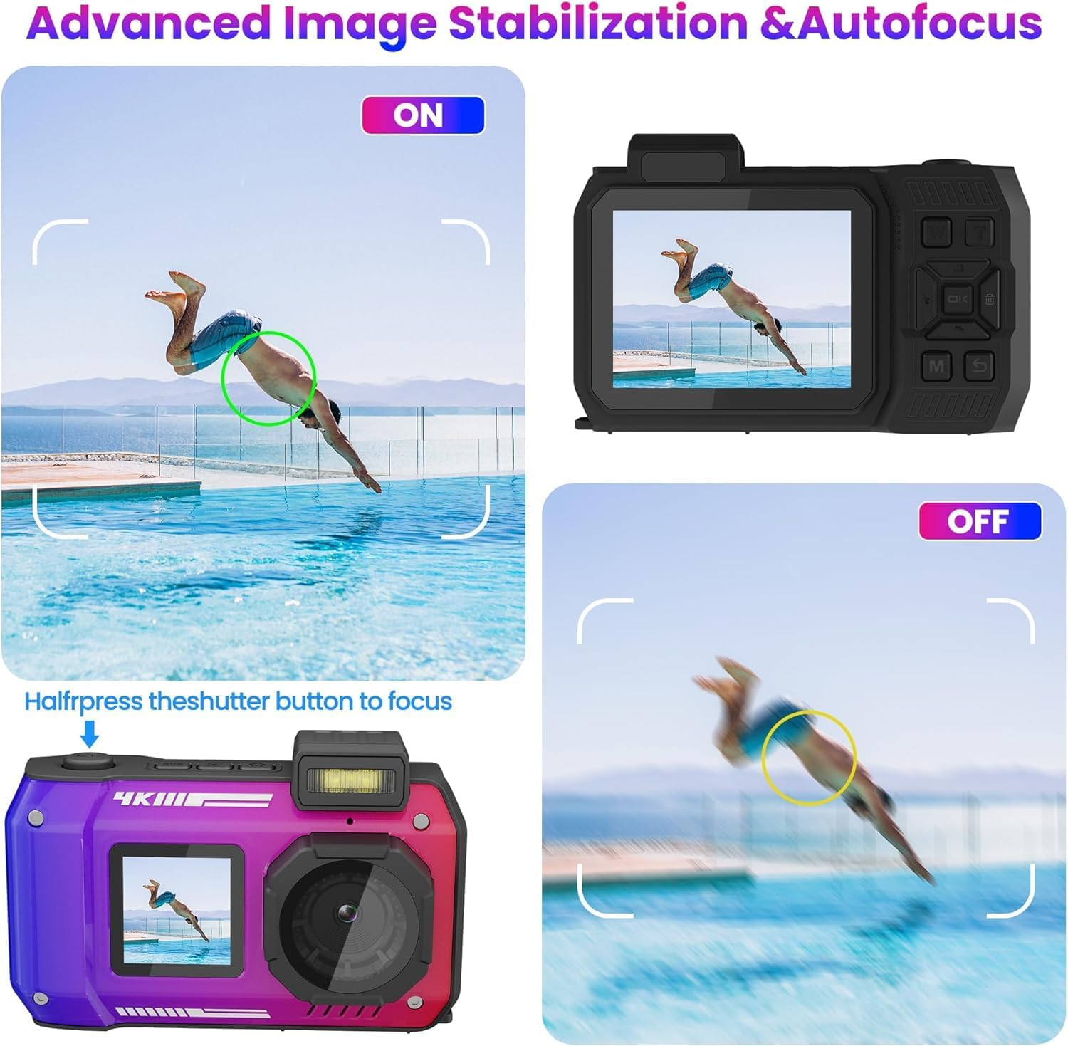 4K 33FT Digital Camera, 48MP Underwater Camera Waterproof Rugged Dustproof Shockproof for Snorkeling Diving, Selfie Dual-Screen Point and Shoot Digital Camera with 32G Card(Gradient Purple) image number 3