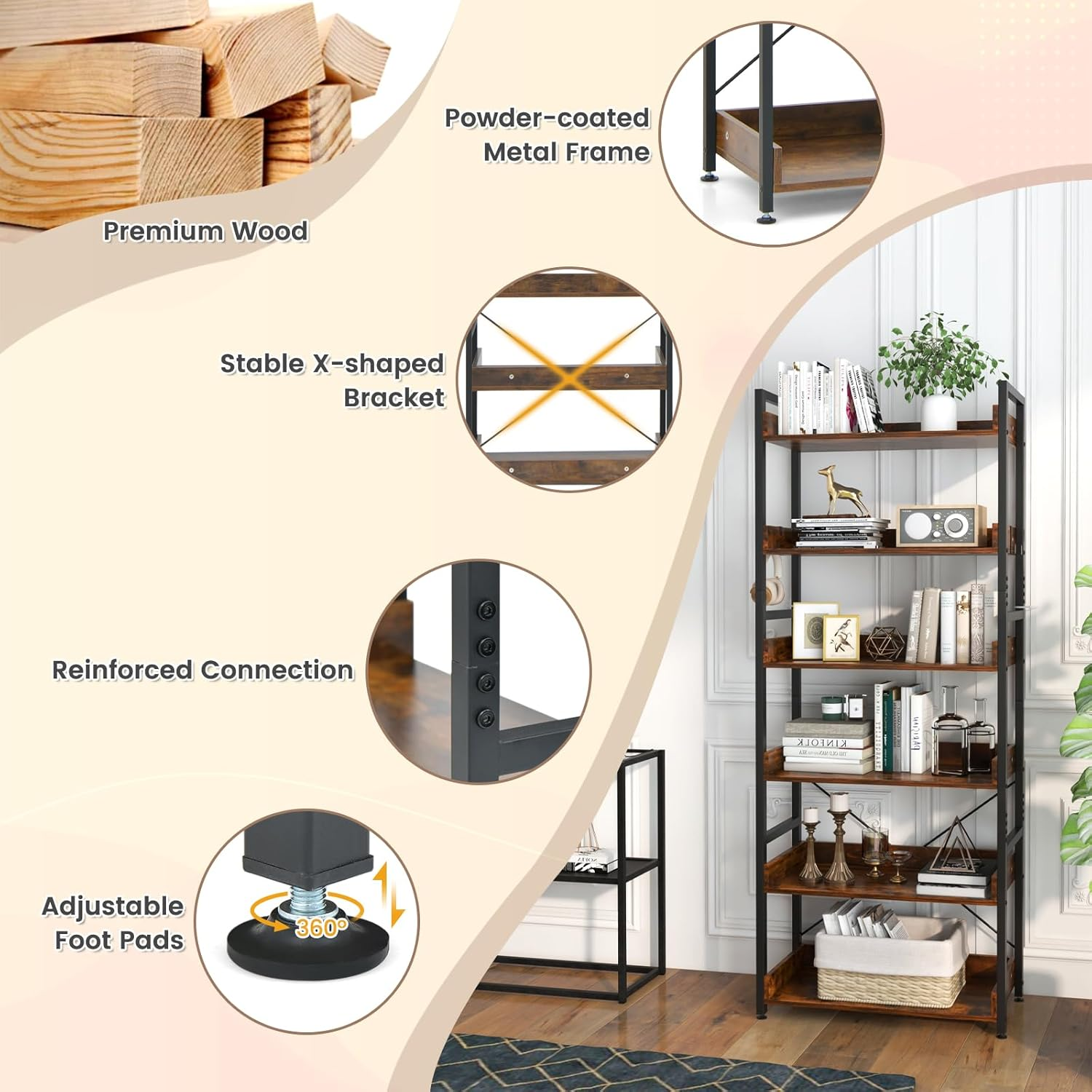 Giantex 6-Tier Bookshelf, Storage Rack W/ 4 Hooks, Open Display Shelves, Metal Frame Display Wooden Shelves, Vintage Standing Display Rack for Living Room, Bedroom, Balcony, Kitchen image number 4