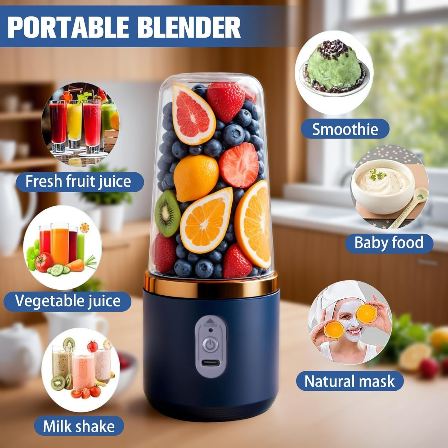 Portable Blender, Wireless Juicer, USB Rechargeable Smoothie Blend with 6 Sharp Blades and Double Cup, Travel Lid, Waterproof Blender for Kitchen with Seal Cover, for Outdoor Office Travel (Blue) image number 6
