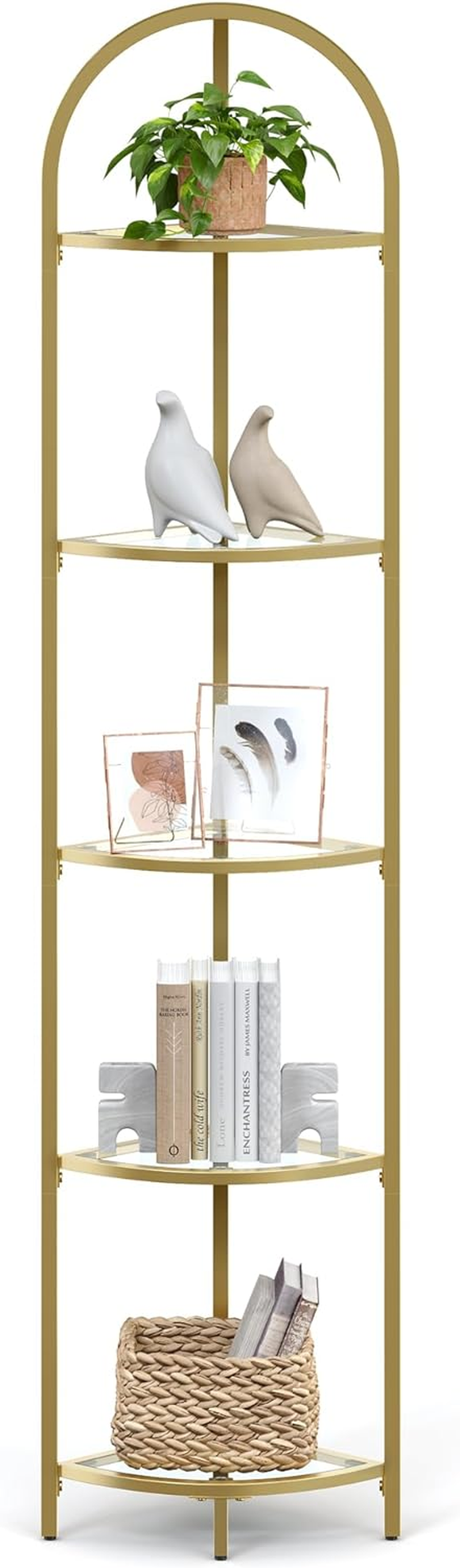 VASAGLE 5 Tier Corner Ladder Bookshelf Tempered Glass Modern Style Golden Color