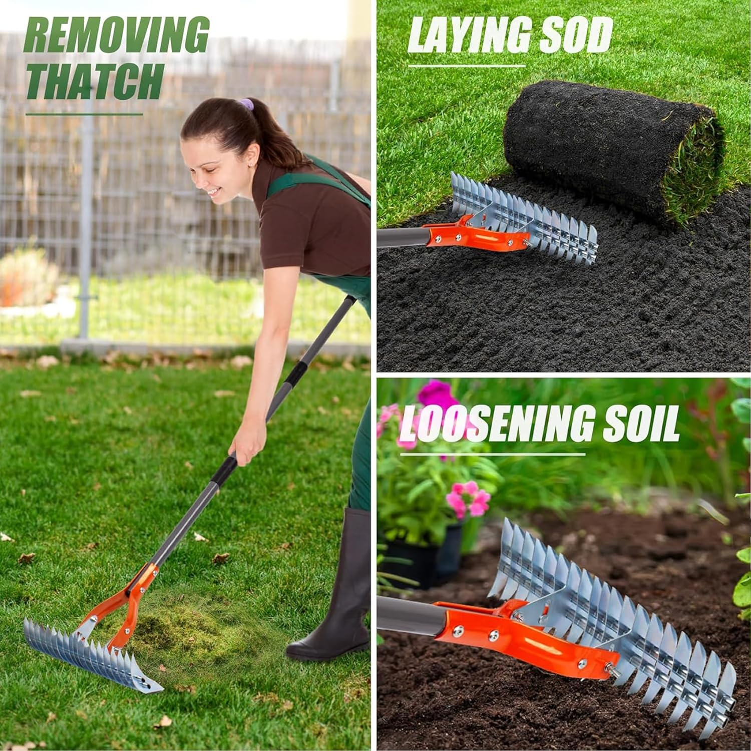 Thatch Yard Rake, Lawn Steel Metal Garden Thatching with Handle, Grooming Dethatcher for Cleaning Dead Grass, 38*178Cm