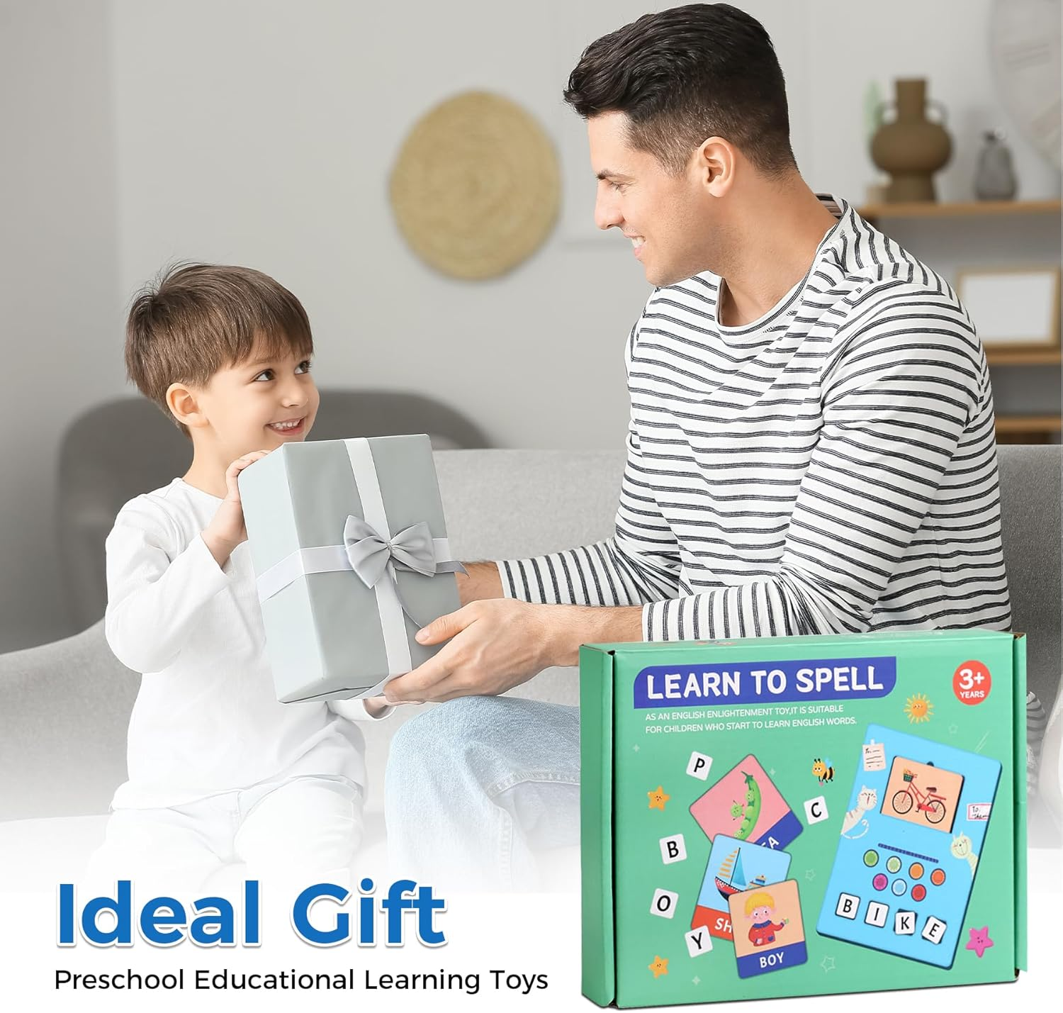 Wooden Learning Games for Kids Ages 3-8, Matching Letter Game with Spelling Flash Cards for Toddler, Early Learning Educational Toys for Children, Birthday Party Gifts for Son and Daughter, Blue