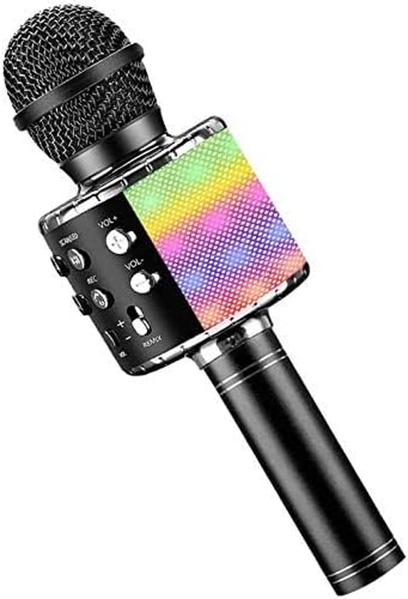 Wireless Bluetooth Karaoke Microphone with Controllable LED Lights, Xkey 4 in 1 Portable Karaoke Machine Speaker for Android/Iphone/Pc, Best Gifts Toys for Girls & Boys (Black1)