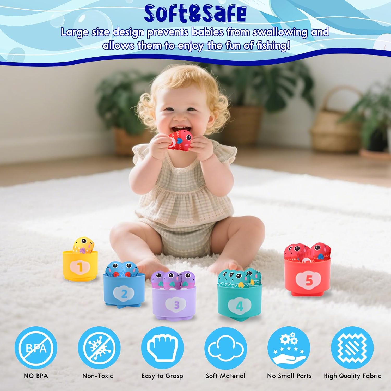 Montessori Toys for 1 Year Old,1-3 Year Old Boys Girls Gifts,Baby Toys 6-18 Months Cloth Fishing Game with Baby Stacking Cups,Number Counting,Color Sorting,Graphic Cognition,Mind Expansion image number 4