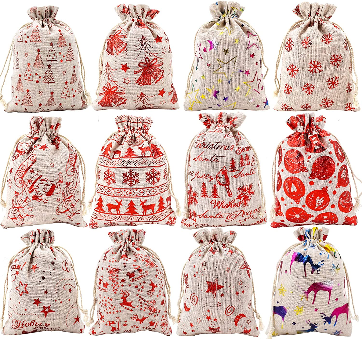 AOOTOOSPORT Christmas Burlap Bags with Drawstring, 5 X 7 Inch Christmas Favor Bags Jewelry Candy Pouches Sacks, Mini Storage Bag for Wedding Christmas Festive Candy Goody Storage DIY Craft - 12 Pcs