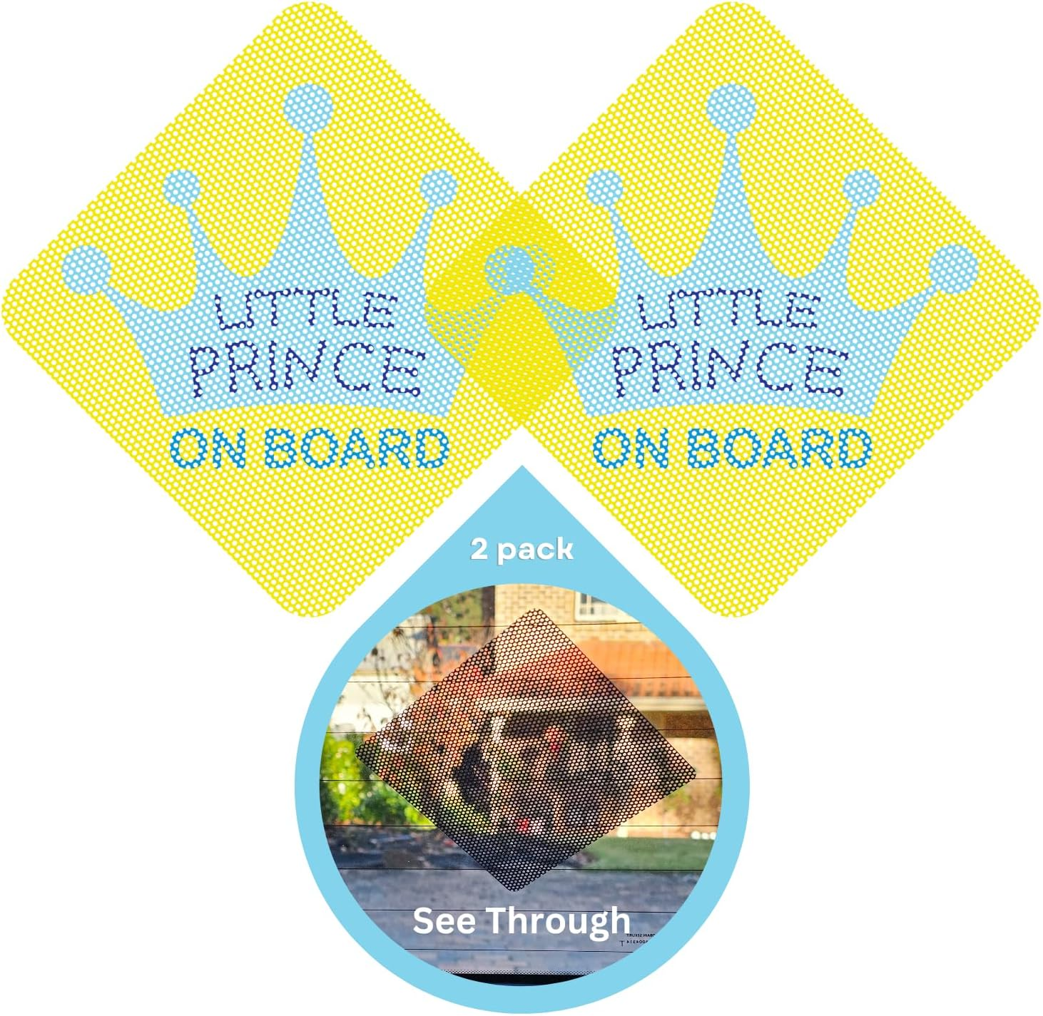 Baby on Board Car Sticker, Little Prince on Board Perforated Car Decal, See-Through Safety Sign, Strong Adhesive, High Visibility Yellow Design, Ideal for Family Vehicles (2-Pack) (Yello/Blue) image number 2