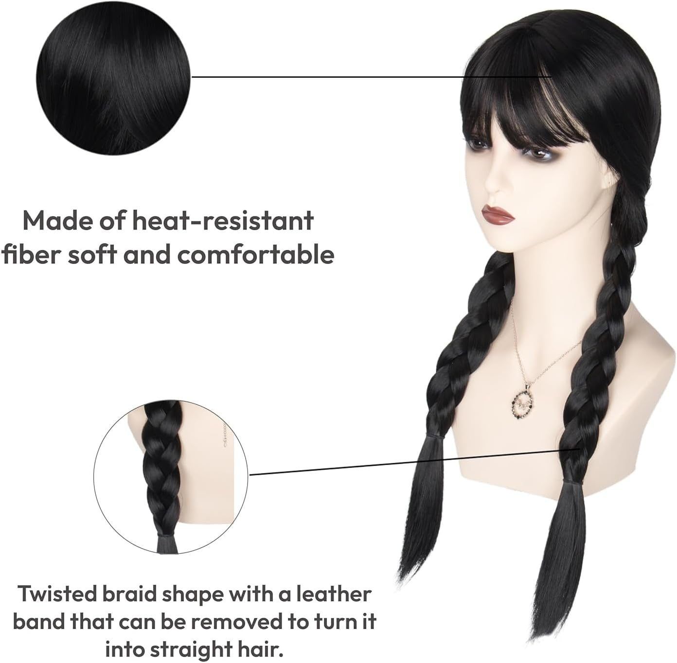 Long Braided Wigs for Women Black Braided Wednesday Wig with Fringe Cosplay Costume Party Wigs for Family Women Girls image number 4