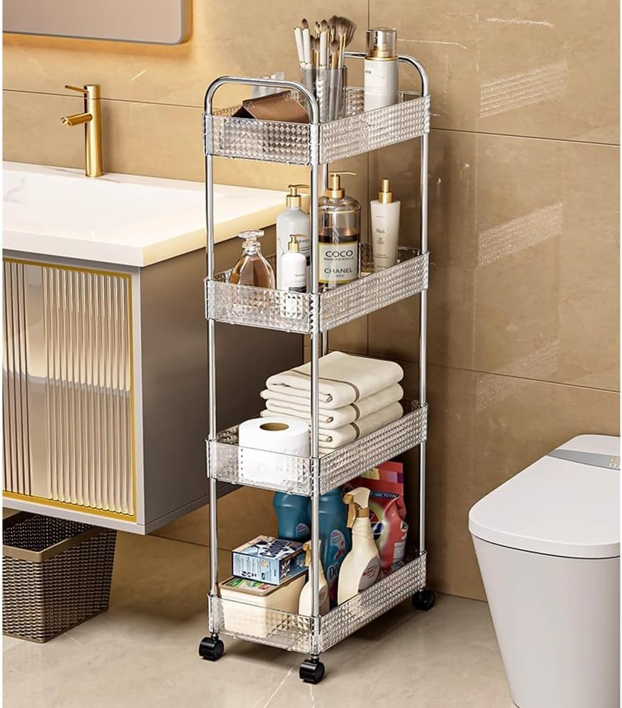 4 Tier Trolley, Metal Utility Cart,Storage Rolling Cart, Clear Bathroom Organizer,Plastic Tiered Shelf with Wheels, Versatile Storage Rack for Bathroom, Kitchen, Space-Saving Design （Clear）