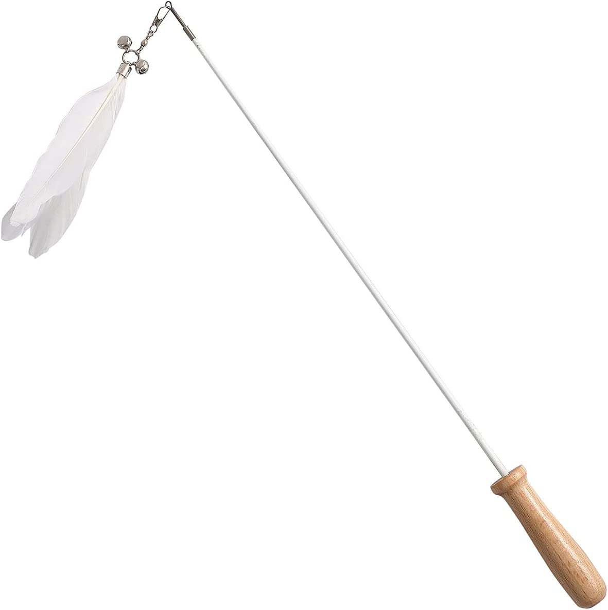 Cat Teaser Toy with Wooden Handle - Retractable Cat Teaser Wand with Natural Feather - Cat Interactive Toy for Indoor Cats - White