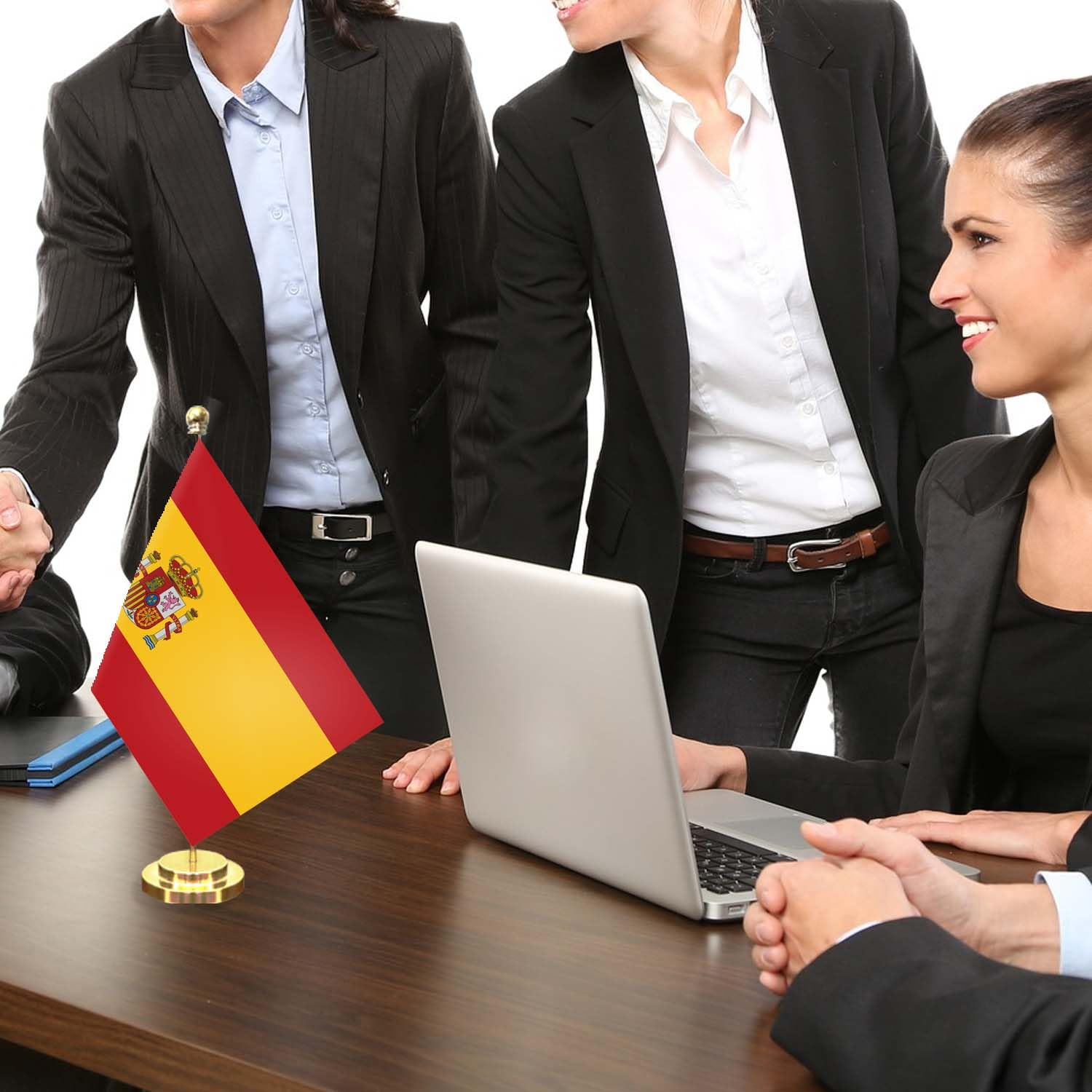 Spain Desk Small Flag Set,5&times;8 Inch Mini Spanish Desktop Banner,12" Metal Solid Pole Decor,Tiny Digital Printed Polyester Banner with Golden Base image number 3