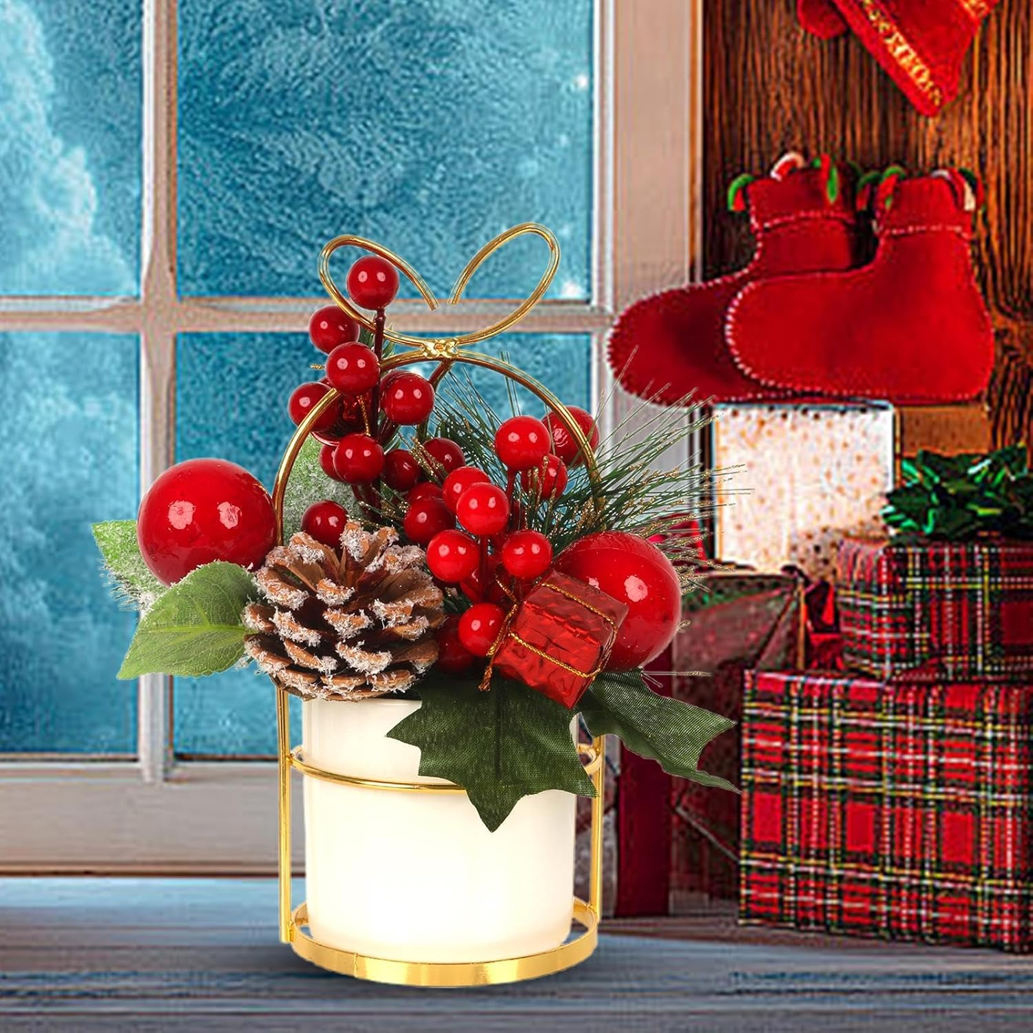 Christmas Pine Cone Potted Decoration,Christmas Arrangements Decor - Artificial Desk Stand Decor, Christmas Plants Centerpieces with Pine Cones and Berries for Tables, Home image number 1