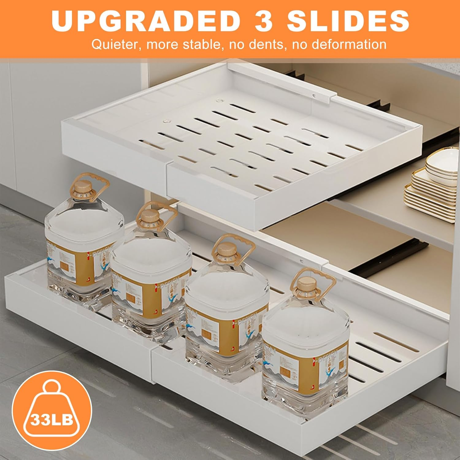2 Pack Pull Out Cabinet Organizer, Expandable (12.6-20.5In) Cabinet Roll Out Drawers，Upgraded No-Drill Chest of Pull Out Drawers for Cabinets with 3 Adjustable Slides (White, 16.5 in Deep) image number 2