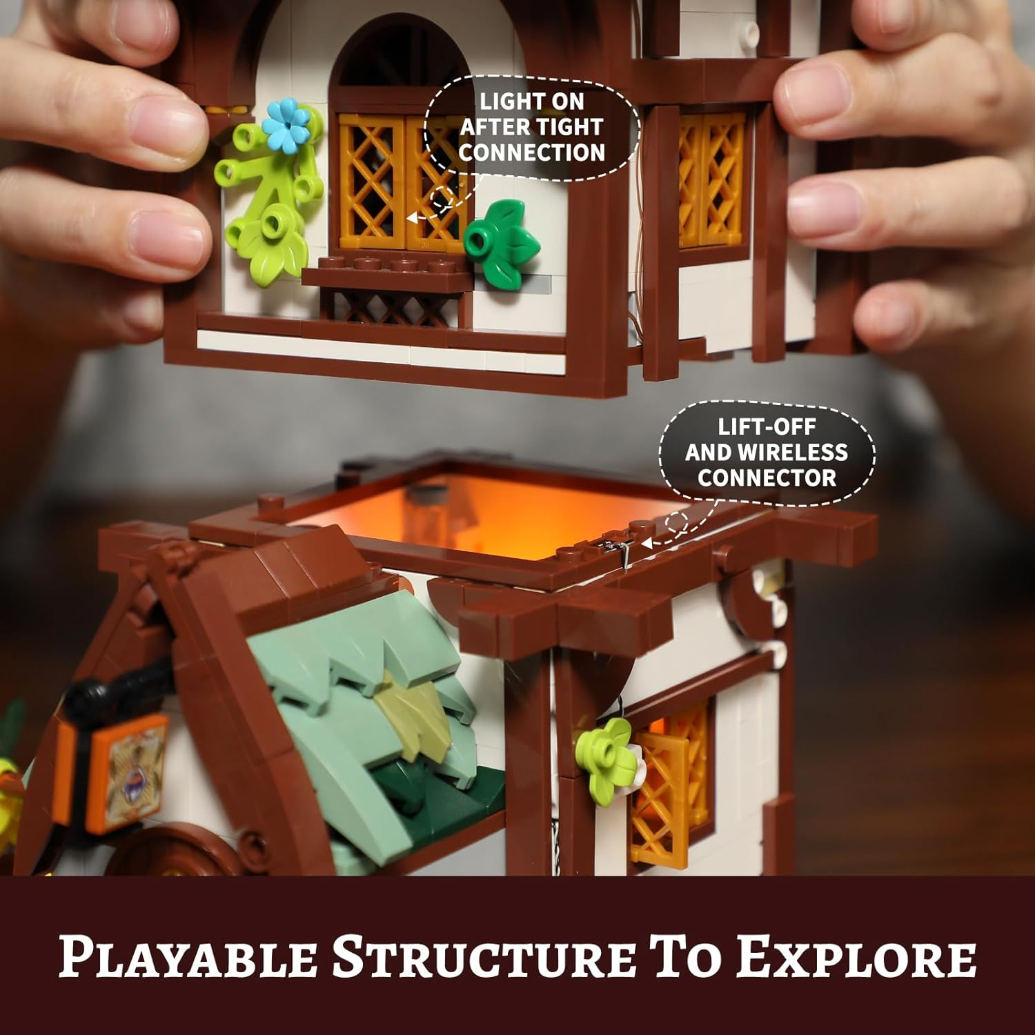 FUNWHOLE Medieval Apothecary Shop Lighting Building Bricks Set - Compatible with Standard Bricks Medieval Series House Collectible Display 1470 Pcs for Adults and Teen image number 6