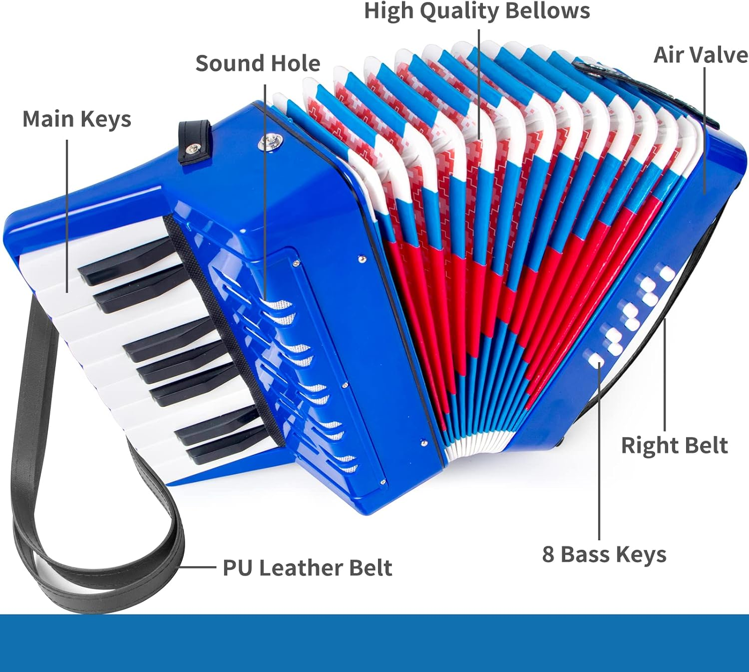 Accordion, 17 Keys Piano Accordion 8 Bass with Straps for Beginners Kids Student Educational Musical Instrument (Blue) image number 4