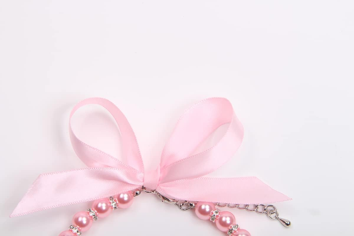 Dog Cat Pearls Collar with Bling Accessories and Ribbon Bow Pet Puppy for Dogs Cats (Pink, M（25-30Cm）) image number 6