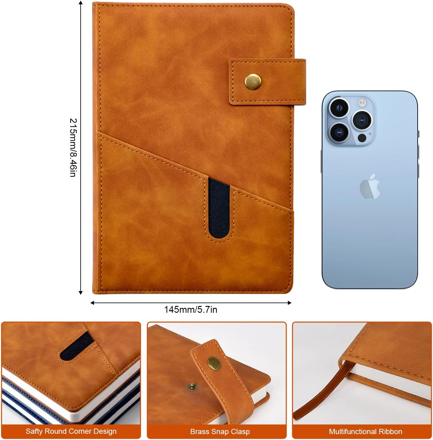 Blue A5 Lined Leather Journal Notebook, 5.9 X 8.4" Personalized Hardcover Journal, 200 Pages of 100 GSM Thick Ruled Paper, Daily Diary for Men and Women, Perfect for School, Travel, Business, Work, and Home Writing Blacka (Black) image number 2