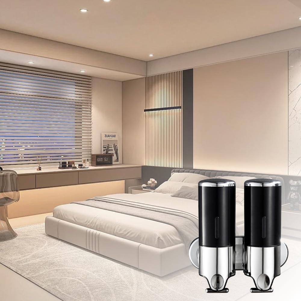 Wall Mounted Bathroom Shower Pump Dispenser, 2 Chamber Dispenser and Organizer-Holds Shampoo Soap Conditioner Shower Gel for Bathroom Kitchen Hotel (Black 2 Chamber) image number 2