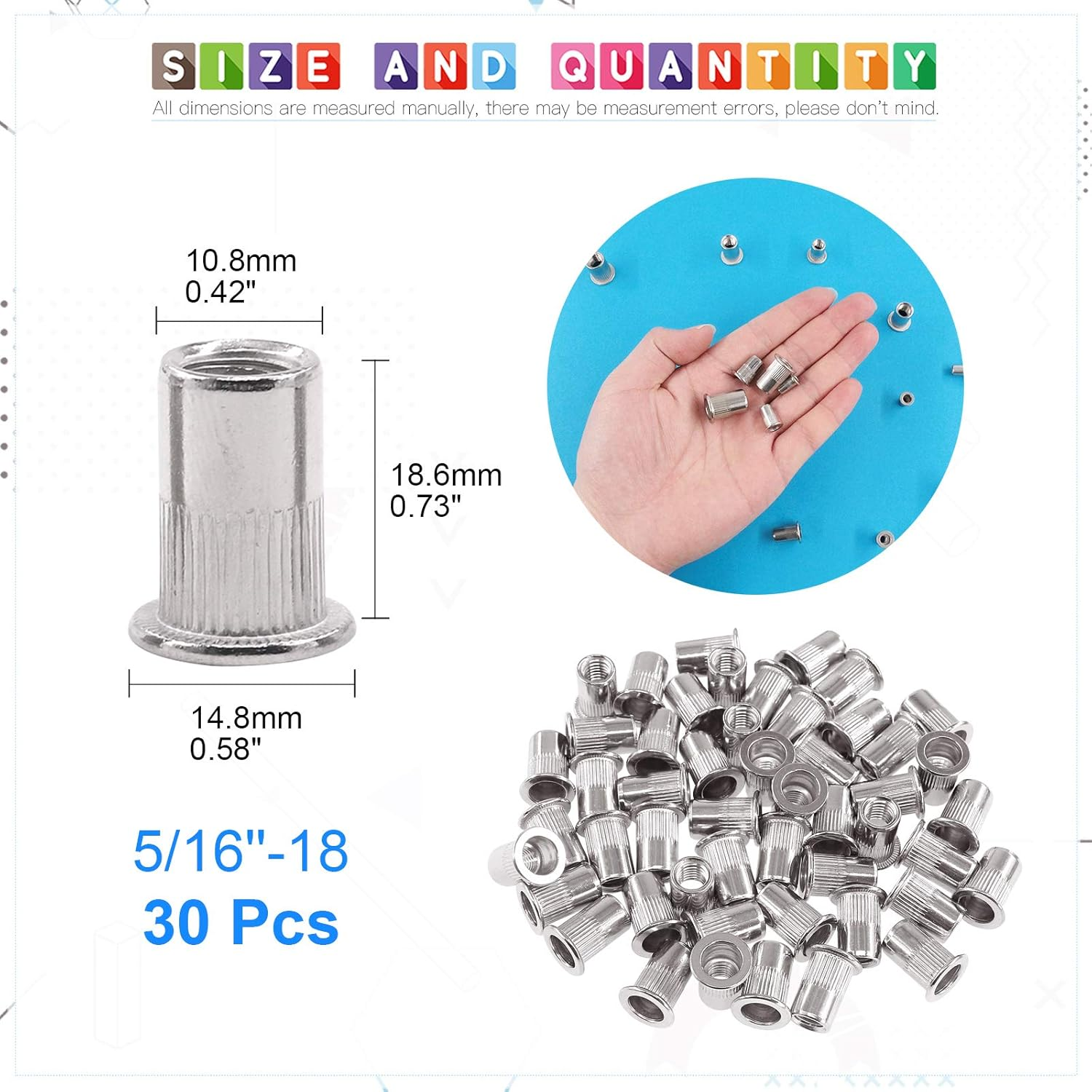 Glarks 30Pcs 5/16''-18 UNC 304 Stainless Steel Rivet Nuts Flat Head Threaded Insert Nutserts Rivnuts Set image number 6