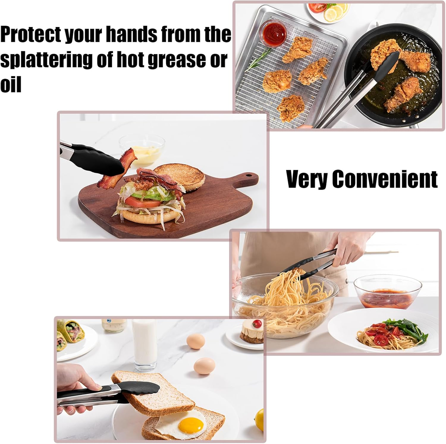 3-Piece Set Kitchen Tongs - Stainless Steel with Heat-Resistant Silicone Tips for Cooking, Grilling, Turning - Includes 7", 9", and 12" Sizes - Black Silicone Handles - Bpa-Free image number 2