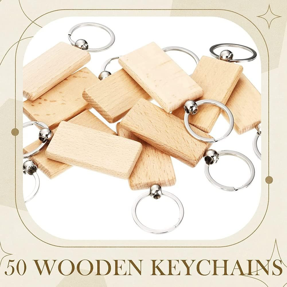 50 Pieces Blank Wooden Key Tag Key Engraving Blanks Unfinished Wood Keychain Key Ring Key Tags for DIY Crafts,Rectangle image number 6