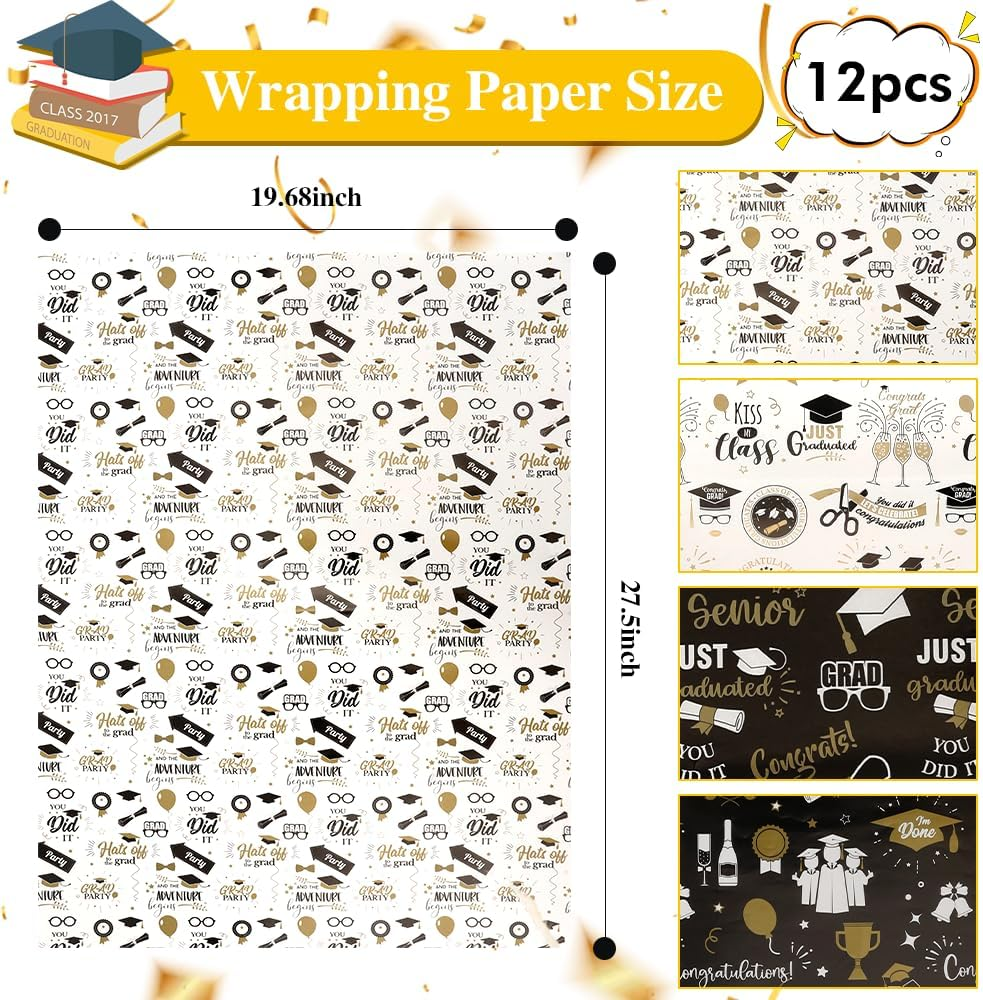 Rugwioyu Graduation Wrapping Paper 12 Sheets 20X27In Folded Flat Gift Wrapping Paper 4 Style Foil Funny Wrapping Paper Gift Wrapping Supplies Graduation Packaging Paper for 2025 image number 2