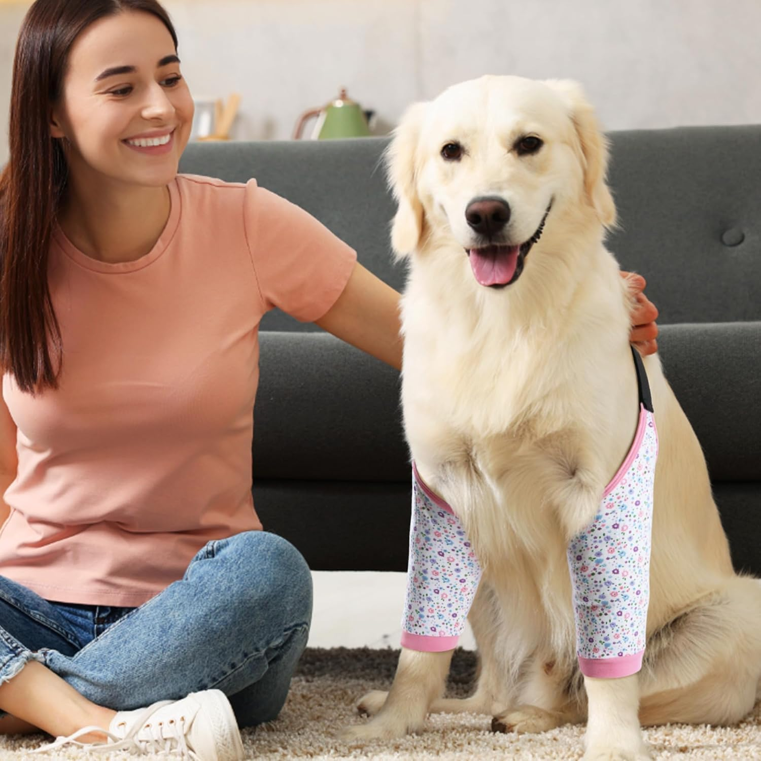 Dog Elbow Sleeve for Front Leg Calluses, Dog Elbow Protector Pads Dog Recovery Sleeve to Stop Licking, Adjustable Dog Elbow Wrap Sleeves, Dog Shoulder Brace Recovery Suit for Arthritis & Joint Care (XL, Pink Floral)