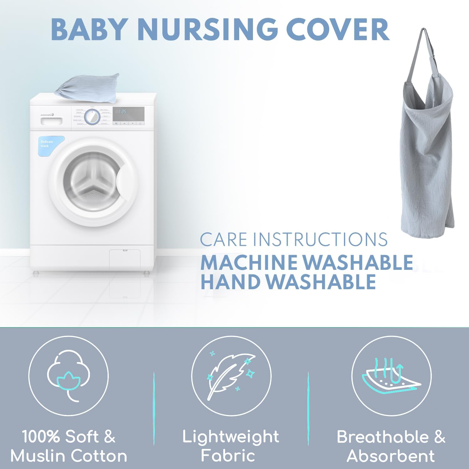 ACTIVE BABY Nursing Cover for Breastfeeding Mom with Adjustable Hoop for Hand Free Breathable Nursing Cover up | 100% Muslin Cotton Light Weight Breastfeeding Cover Wrap Shawl Scarf (Evaporation Gray) - Evaporation Gray image number 5