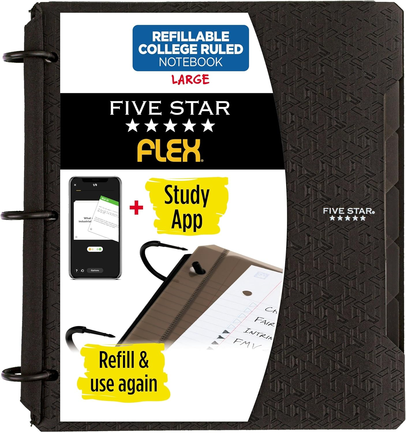 Five Star Flex Refillable Notebook + Study App, College Ruled Paper, 1 Inch Techlock Rings, Pockets, Tabs and Dividers, 200 Sheet Capacity, White (29328AE2)