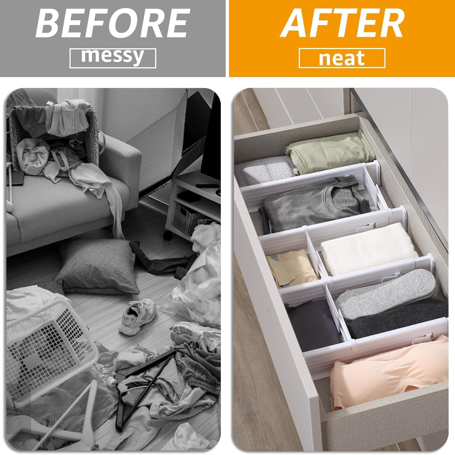 Drawer Dividers, Expandable Kitchen Drawer Organiser, with 8 Inserts, for Clothing, Kitchen Utensils and Office Storage, Set of 4 (32-56Cm) image number 4