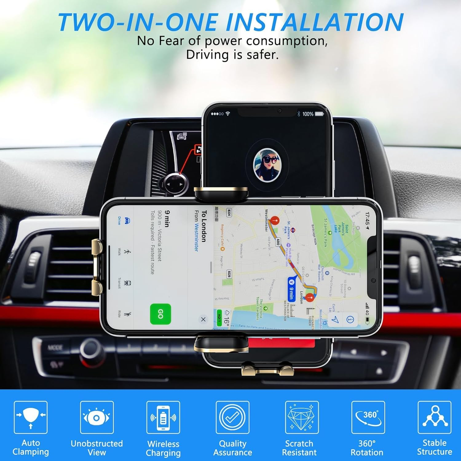 MOYAC Wireless Car Charger, Fast Charging 15W Auto Clamping Car Charger Phone Holder Phone Mount for Iphone15 14 13 12 11 Pro Max Xs, Samsung Galaxy S23 Ultra S22 S21 S20 S10+ Note 9, Etc(Gold)