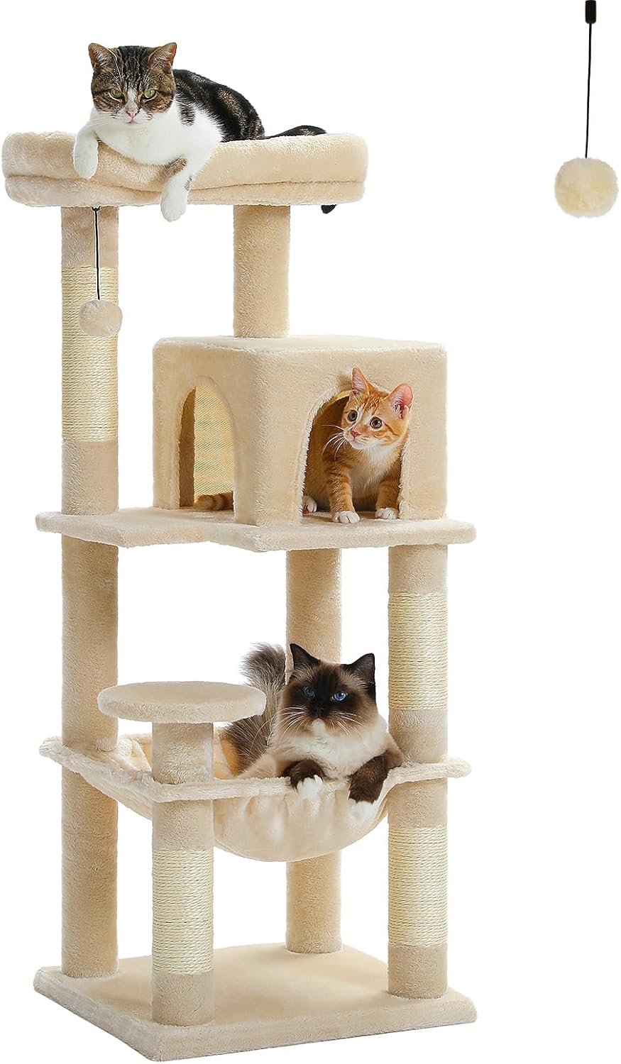 PAWZ Road Cat Tree 143Cm Cat Scratching Post Multi-Level Play Tower with a Large Hammock and Top Perch Home Pet Furniture Beige