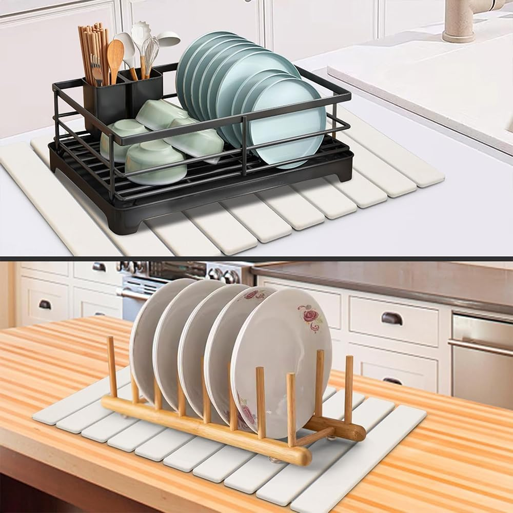 Diatomaceous Earth Dish Drying Mat &ndash; Waterproof & Non-Slip, Foldable Drying Pad for Dishes & Cups &ndash; 60 X 39Cm (White, Large) image number 3